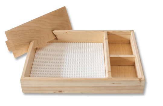 Wooden tray includes 32x32 baseplate, instruction holder, and two compartments for LEGO parts.