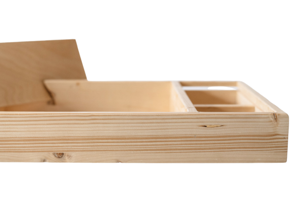 A side view of the wooden tray.